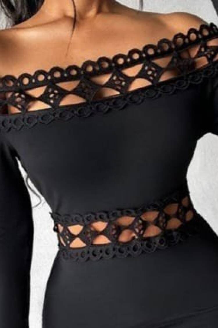 Black Bodycon Dress With Off Shoulder Neck - Elegant Midi