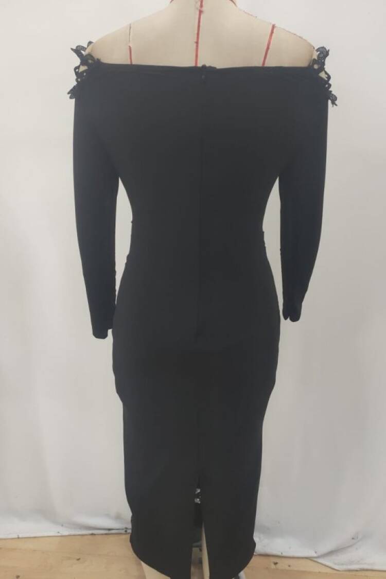 Black Bodycon Dress With Off Shoulder Neck - Elegant Midi