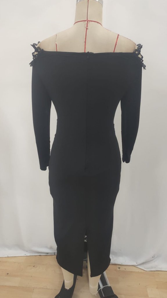 Black Bodycon Dress With Off Shoulder Neck - Elegant Midi