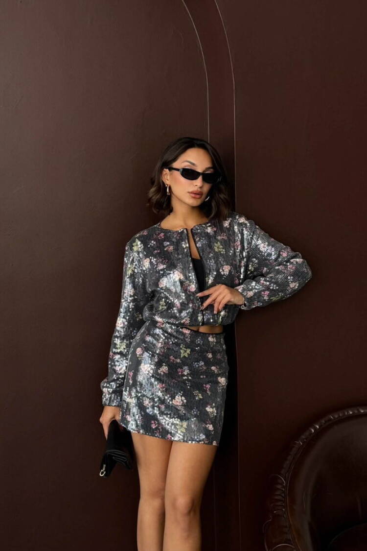 Silver Glam Zip Up Long Sleeve Shirt