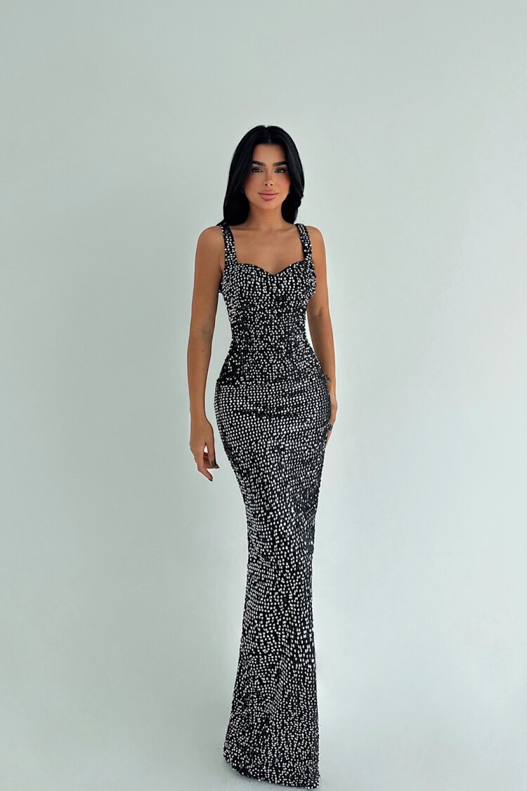 Black Polka Dot Sleeveless Bodycon Floor Length Dress