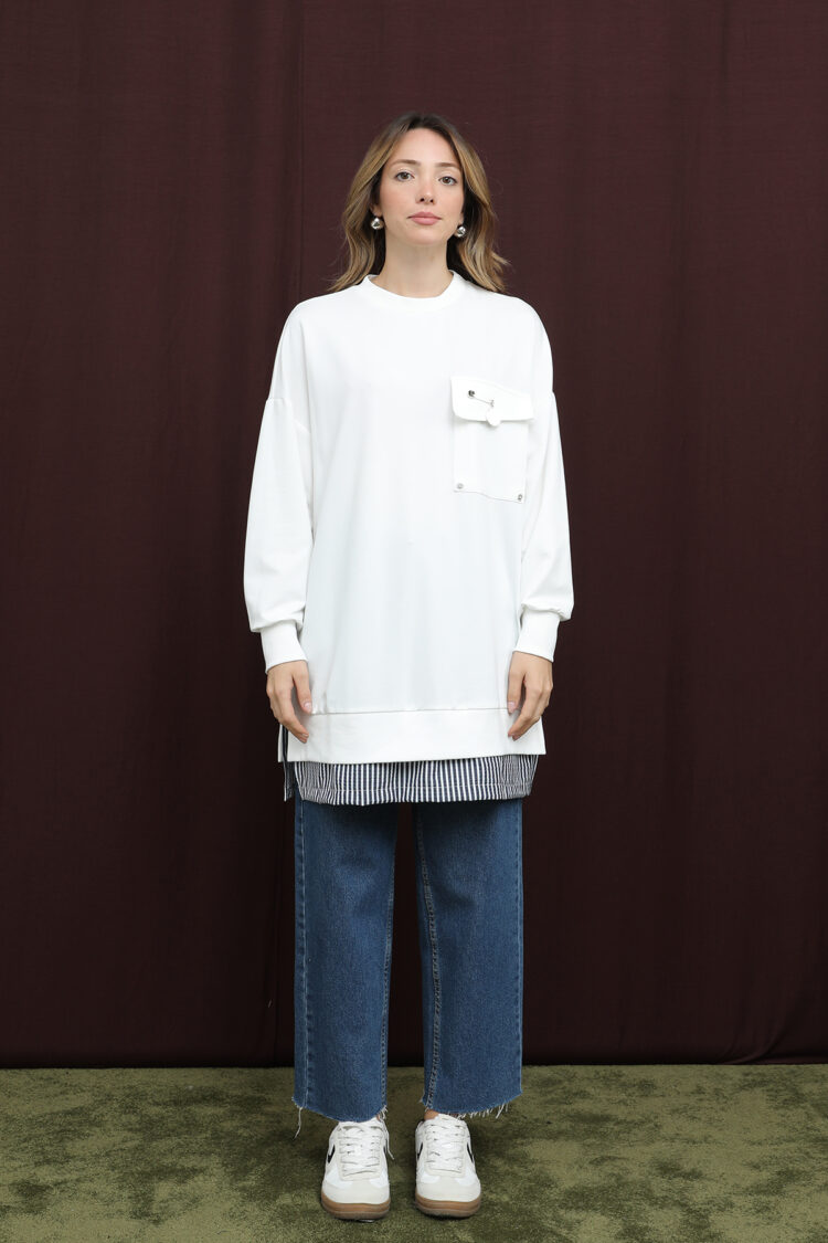 White Casual Oversized Tunic With Crew Neck