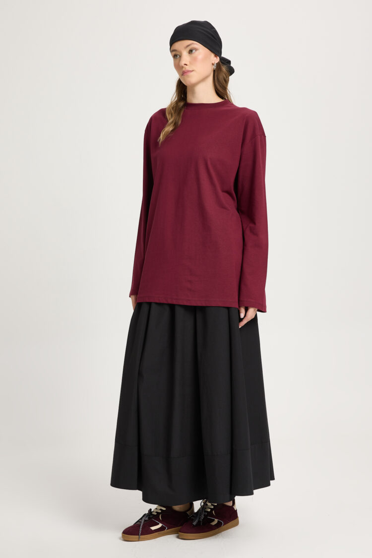 Claret Red Tshirt Oversized Long Sleeve Round Neck