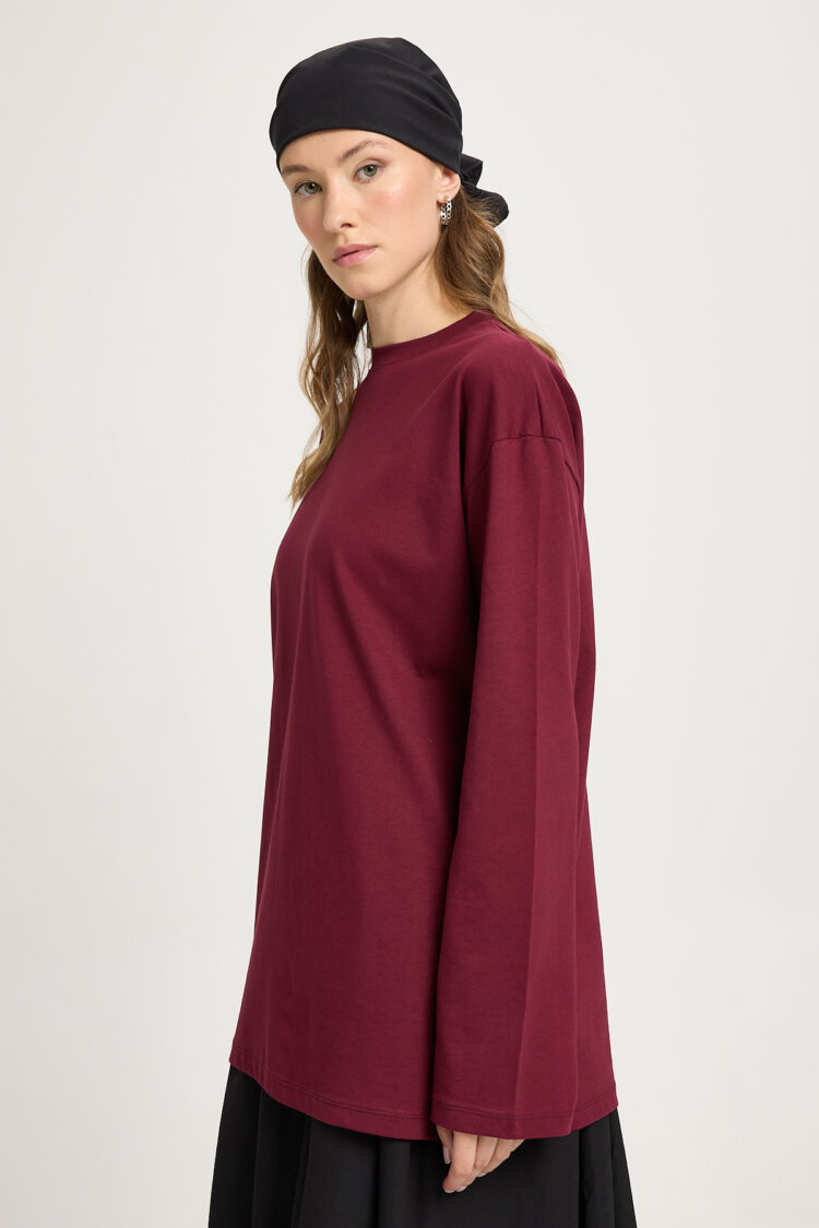 Claret Red Tshirt Oversized Long Sleeve Round Neck