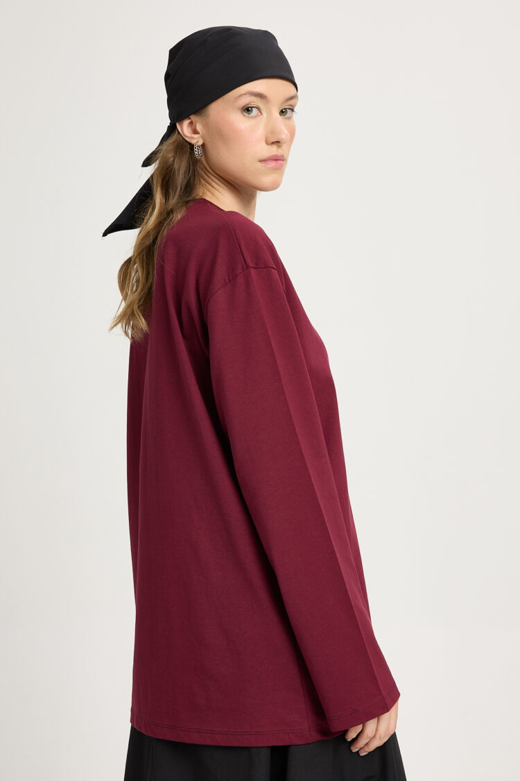 Claret Red Tshirt Oversized Long Sleeve Round Neck