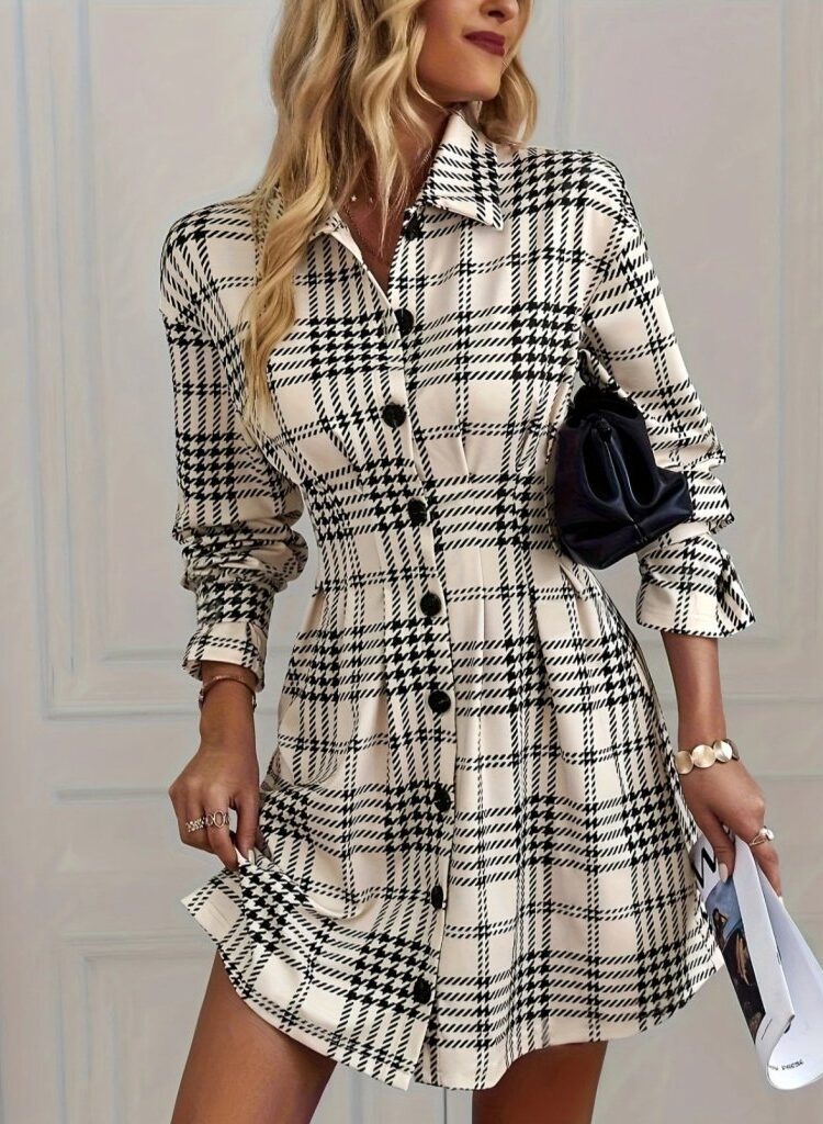 Black Checkered Shirt Dress Mini Long Sleeve