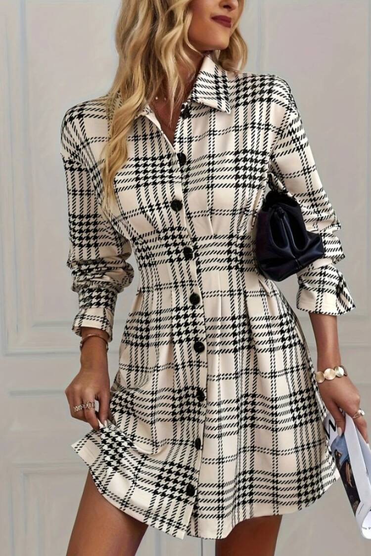 Black Checkered Shirt Dress Mini Long Sleeve