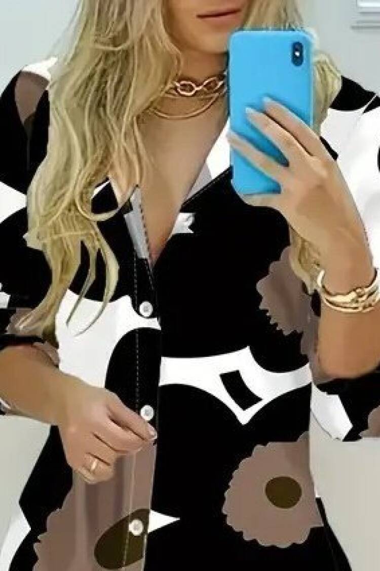 Black Floral Maxi Shirt Dress With V-Neck
