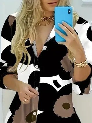 Black Floral Maxi Shirt Dress With V-Neck