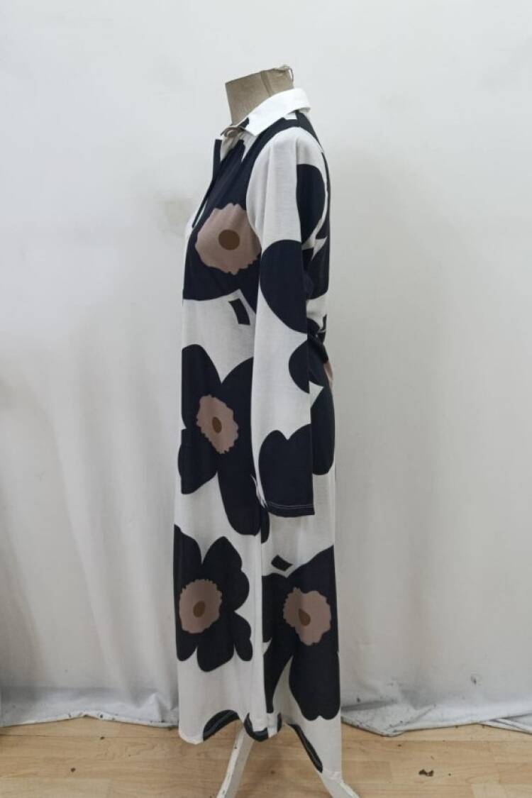 Black Floral Maxi Shirt Dress With V-Neck