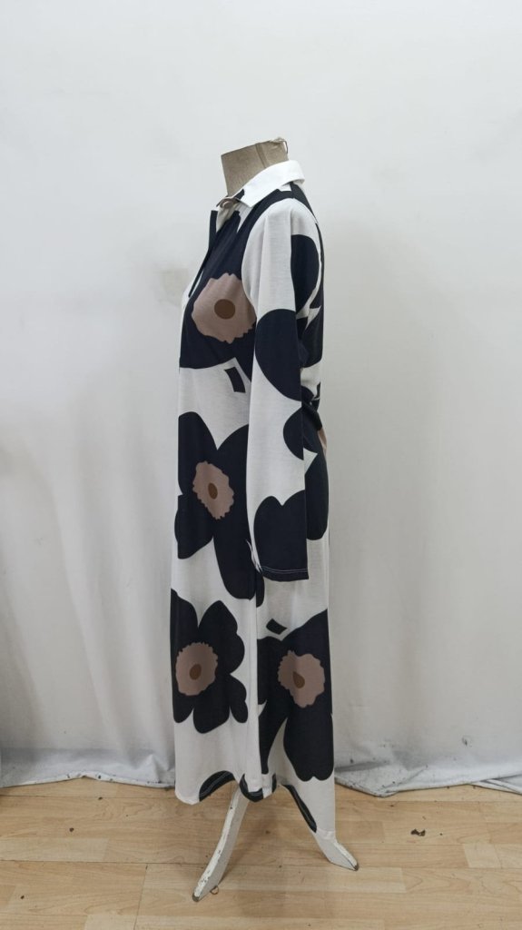 Black Floral Maxi Shirt Dress With V-Neck