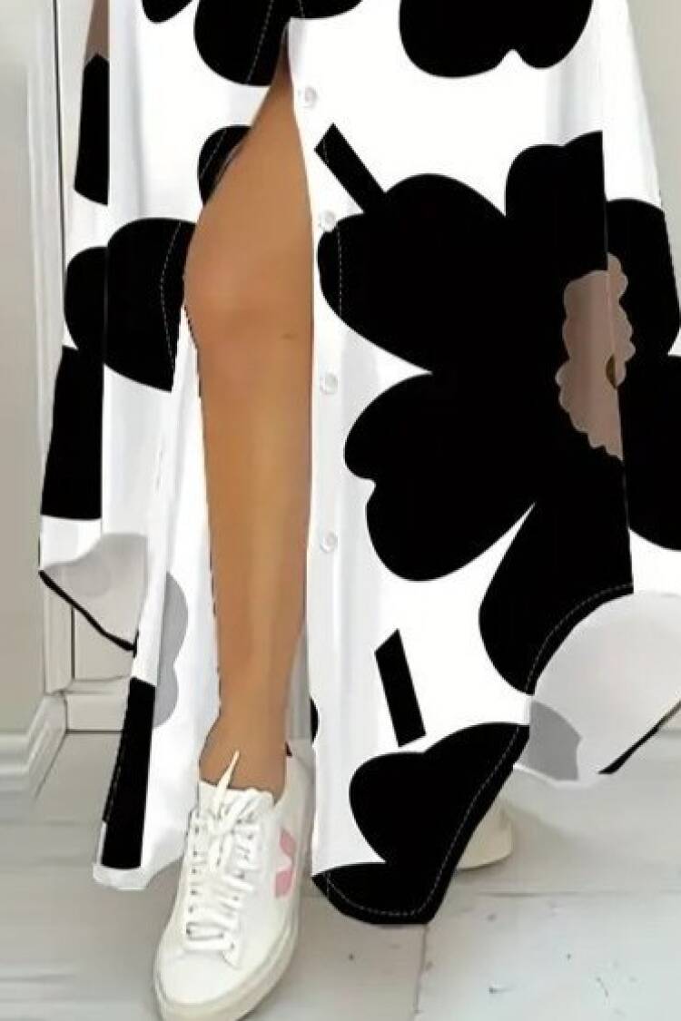 Black Floral Maxi Shirt Dress With V-Neck