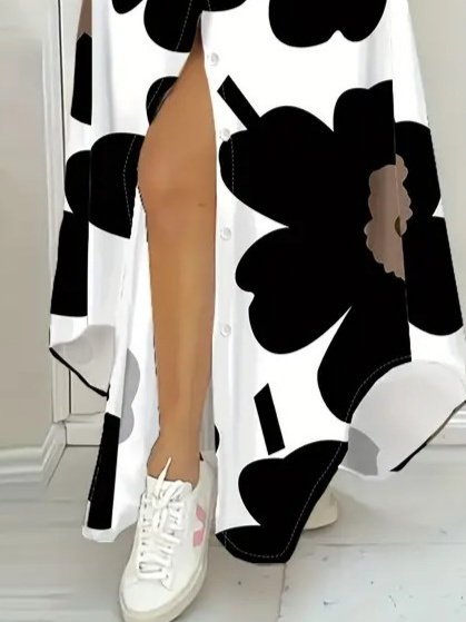 Black Floral Maxi Shirt Dress With V-Neck