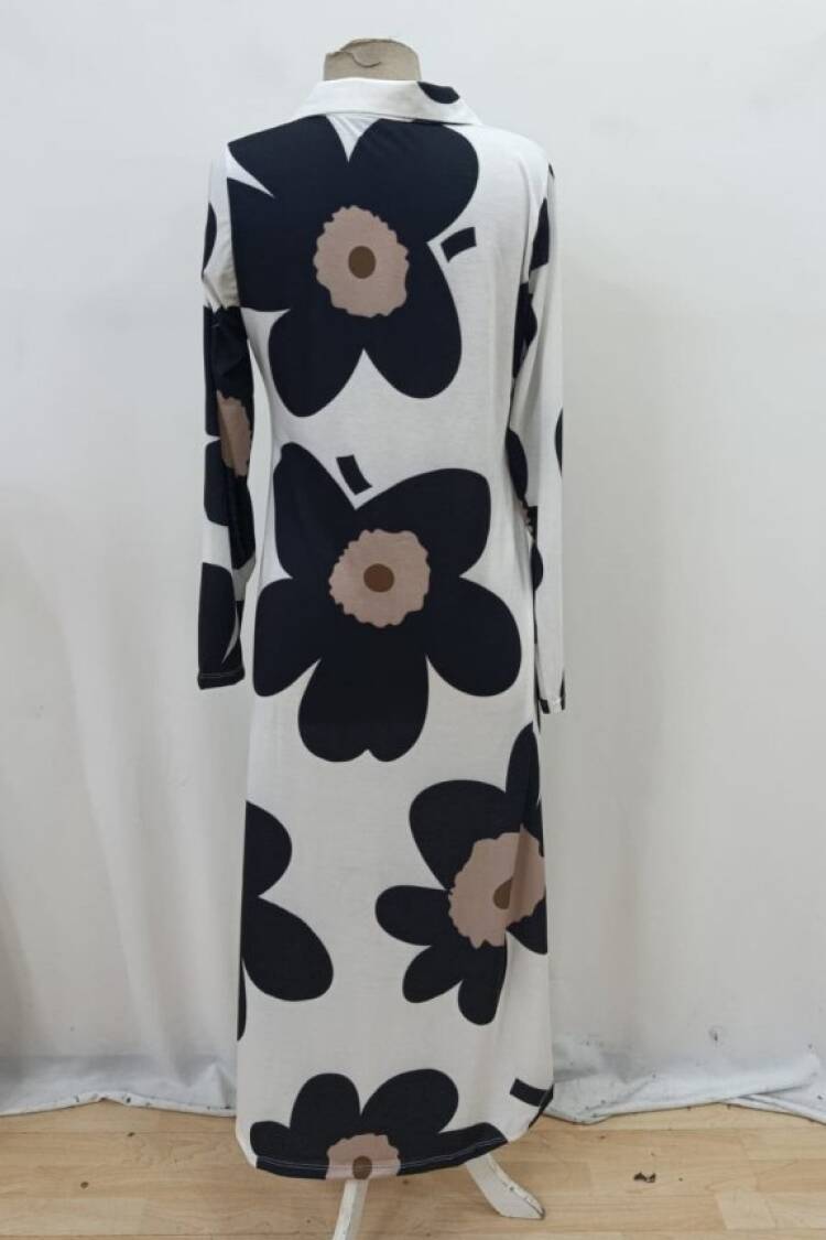 Black Floral Maxi Shirt Dress With V-Neck
