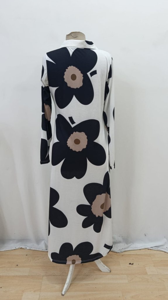 Black Floral Maxi Shirt Dress With V-Neck