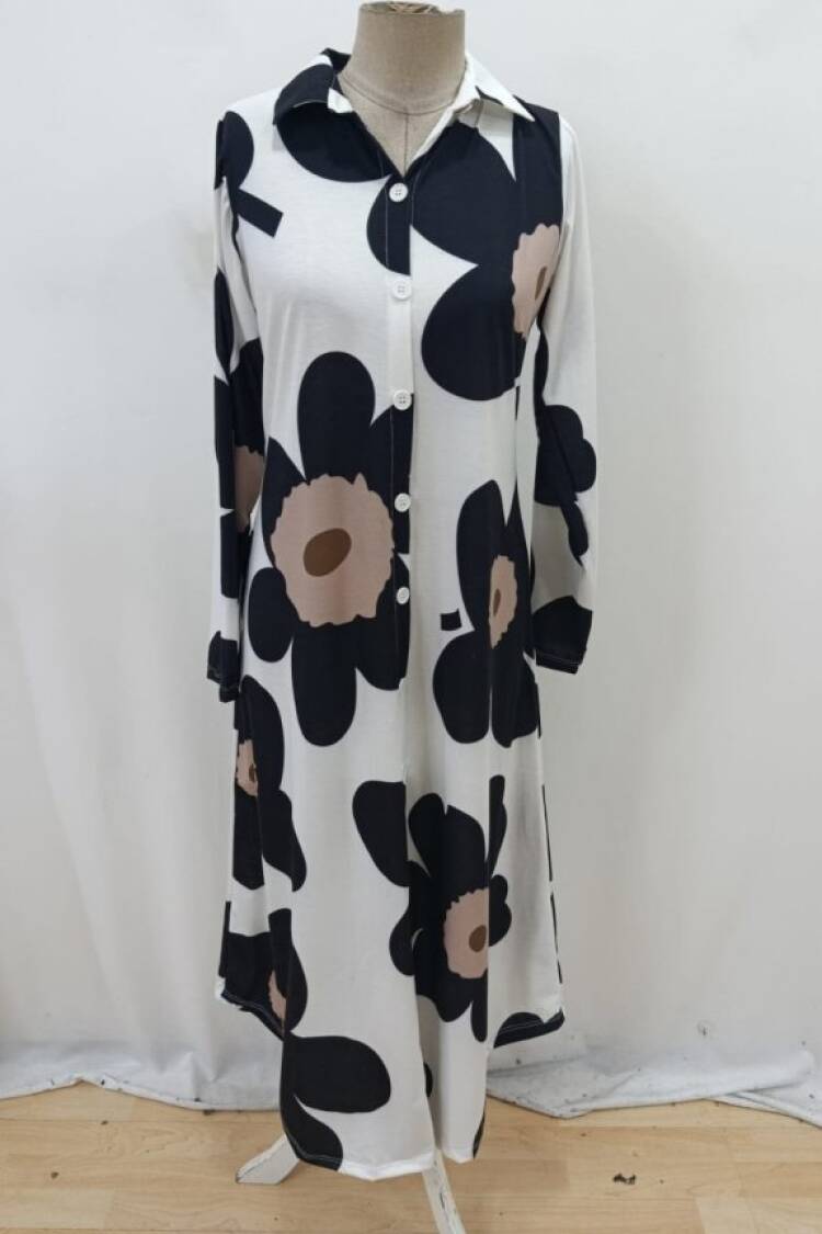 Black Floral Maxi Shirt Dress With V-Neck