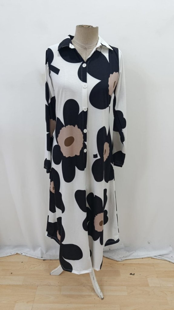 Black Floral Maxi Shirt Dress With V-Neck