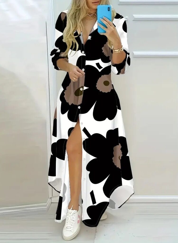 Black Floral Maxi Shirt Dress With V-Neck - Brand: Janes - Women & Kids, Baby Clothes Wholesale - Globality Store