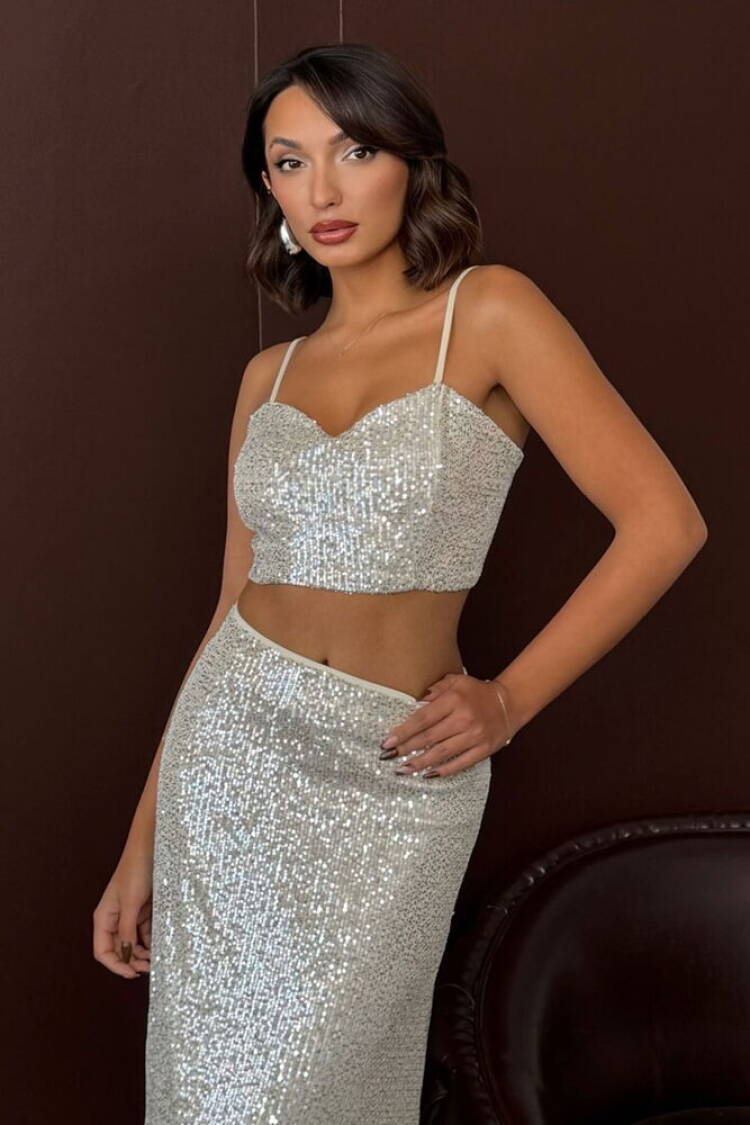 Silver Glam Fitted Sequined Sleeveless Sweetheart Neck Crop Cap Sleeve Blouse - Brand: Topshow - Women & Kids, Baby Clothes Wholesale - Globality Store