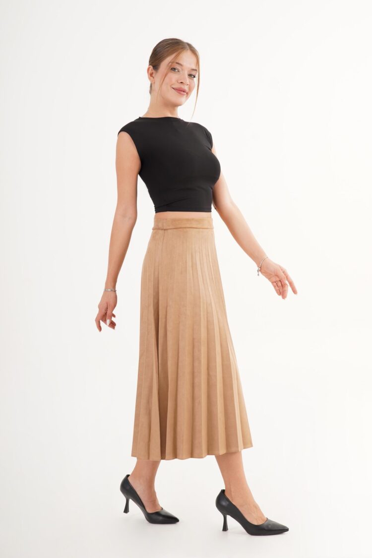 Beige Pleated Midi High Waist Skirt