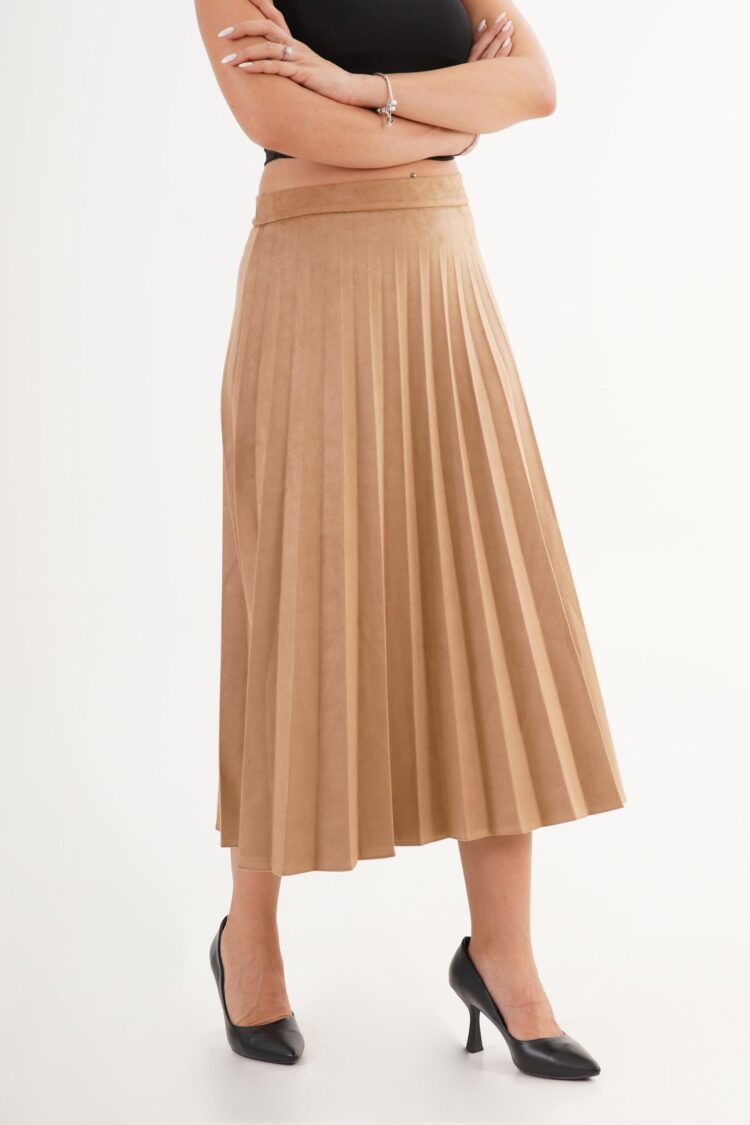 Beige Pleated Midi High Waist Skirt