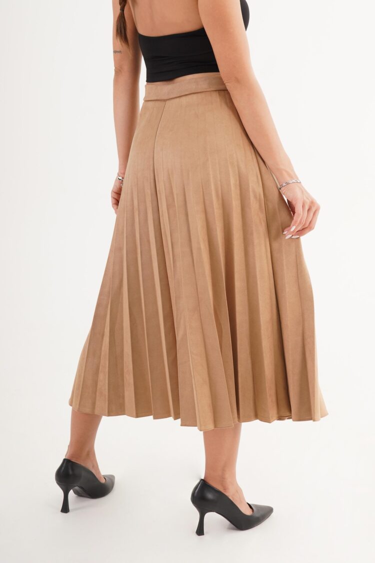 Beige Pleated Midi High Waist Skirt