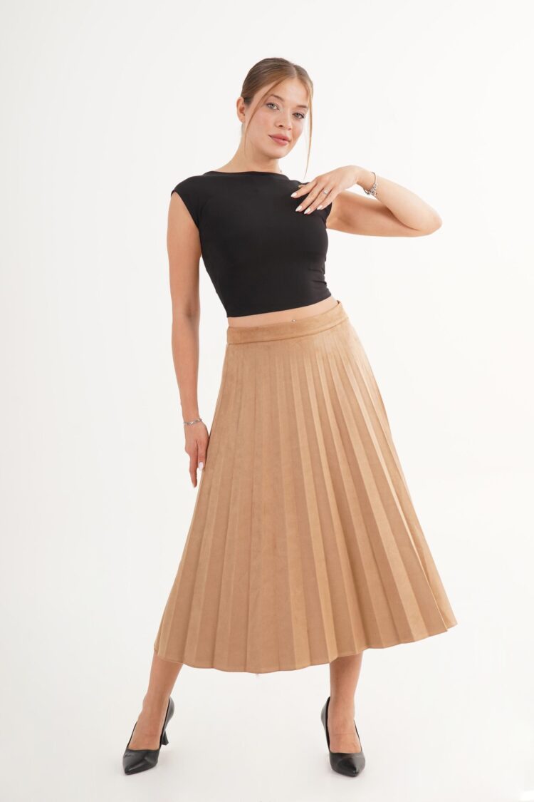 Beige Pleated Midi High Waist Skirt - Brand: Lustrin - Women & Kids, Baby Clothes Wholesale - Globality Store