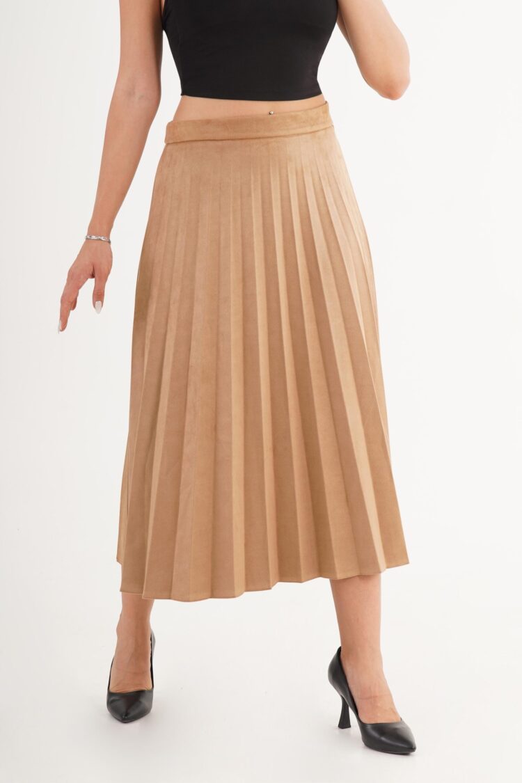 Beige Pleated Midi High Waist Skirt