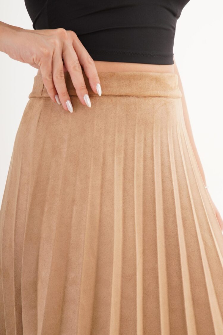 Beige Pleated Midi High Waist Skirt