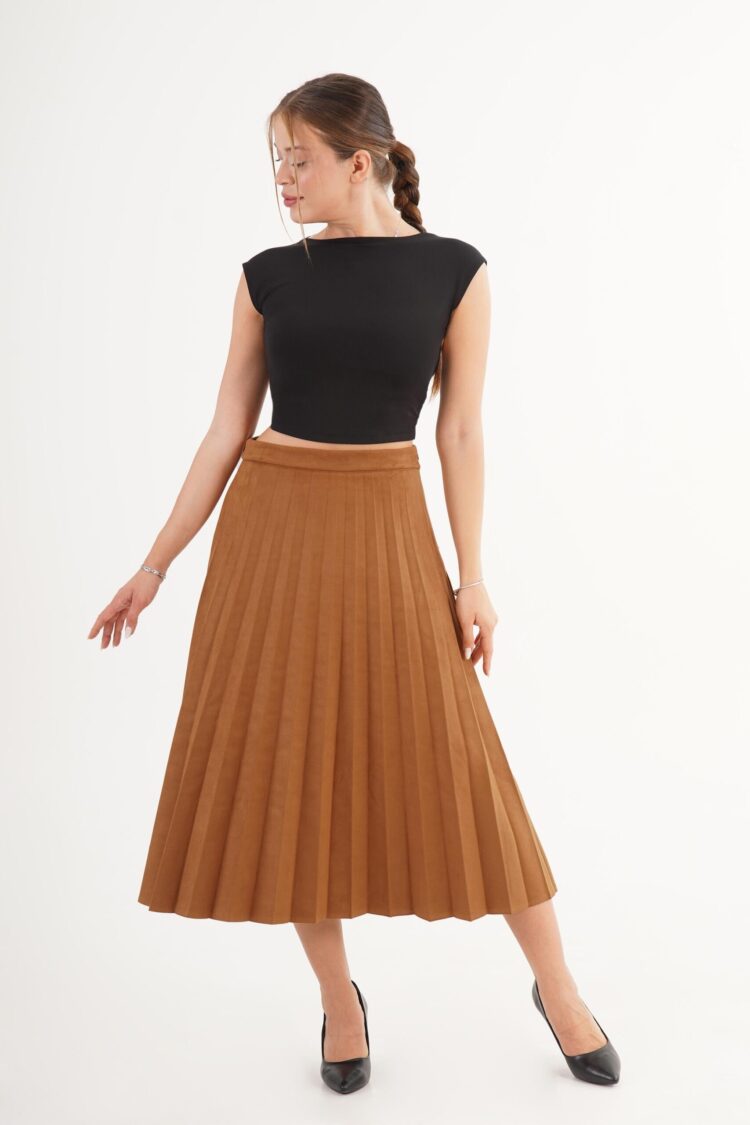 Brown Elegant Pleated Midi Skirt