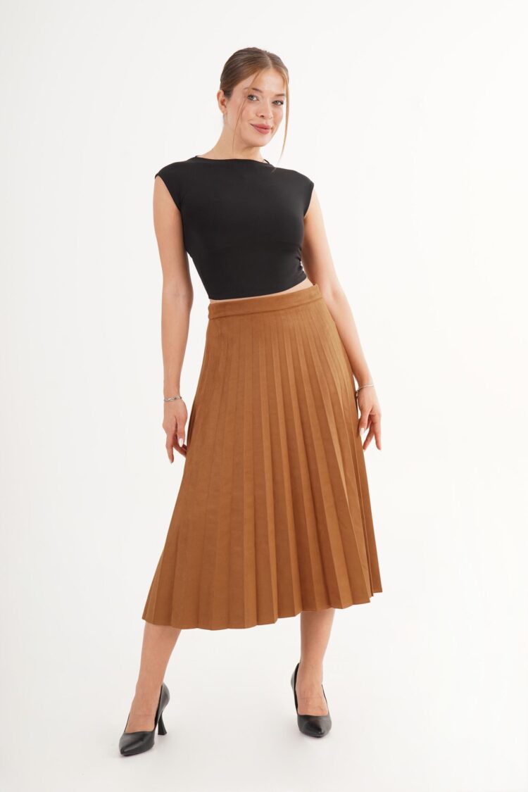 Brown Elegant Pleated Midi Skirt - Brand: Lustrin - Women & Kids, Baby Clothes Wholesale - Globality Store