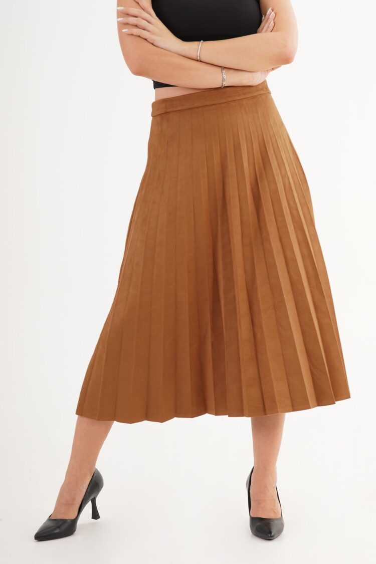 Brown Elegant Pleated Midi Skirt