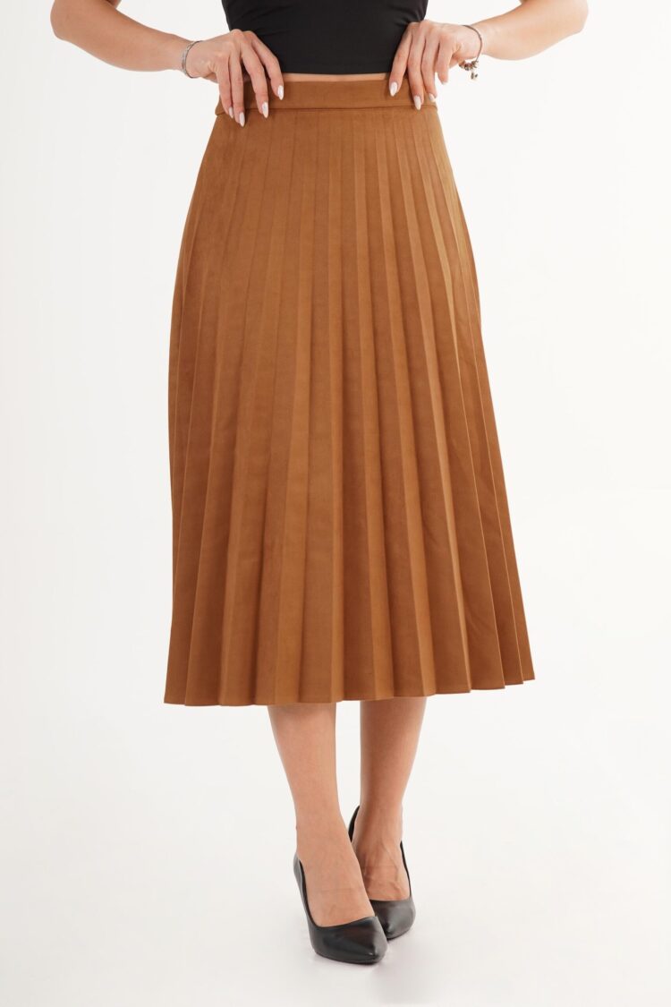 Brown Elegant Pleated Midi Skirt