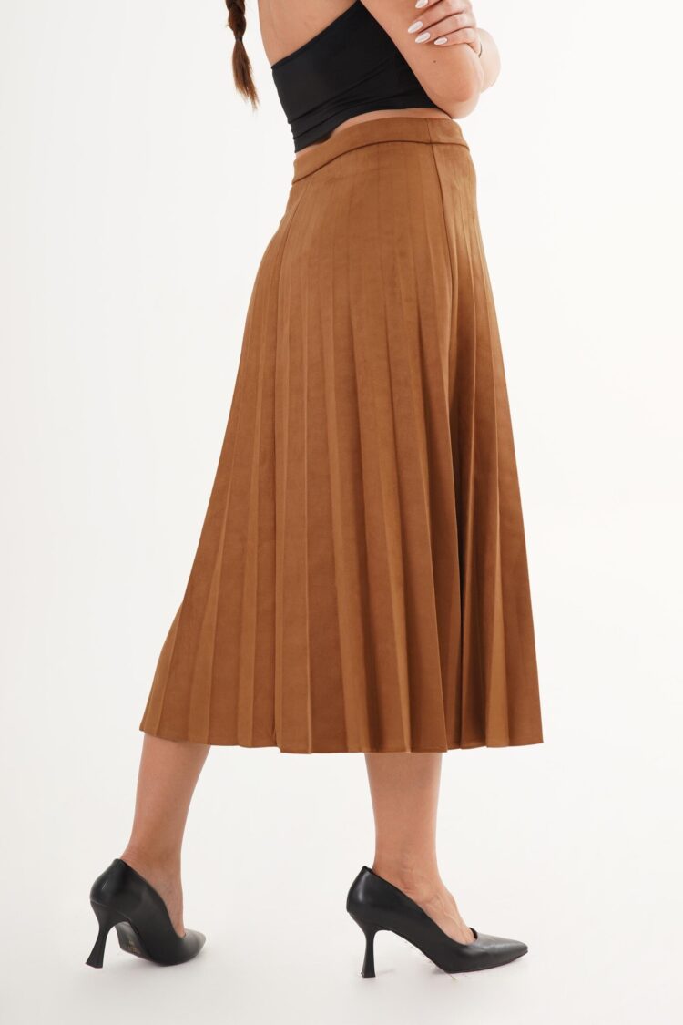 Brown Elegant Pleated Midi Skirt