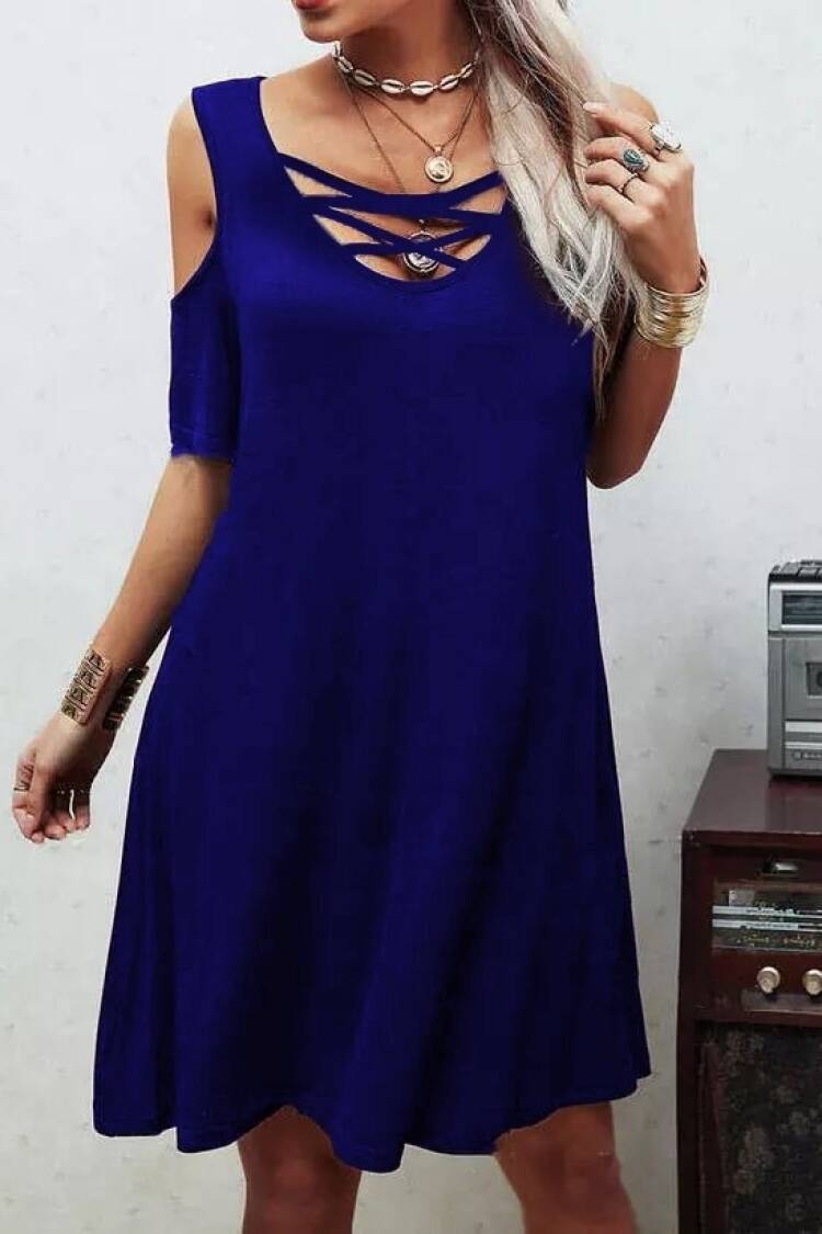 Navy Blue A-Line Dress With V-Neck And Half Sleeves - Brand: Janes - Women & Kids, Baby Clothes Wholesale - Globality Store