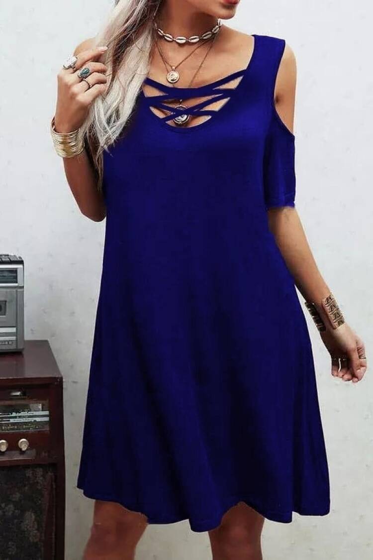 Navy Blue A-Line Dress With V-Neck And Half Sleeves