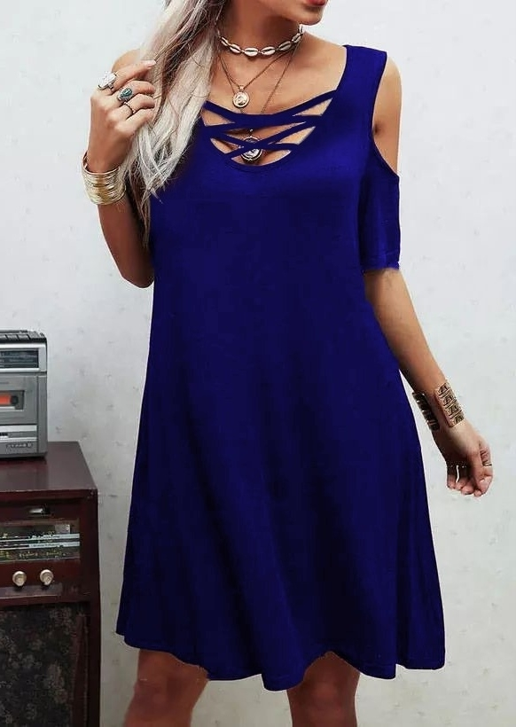 Navy Blue A-Line Dress With V-Neck And Half Sleeves