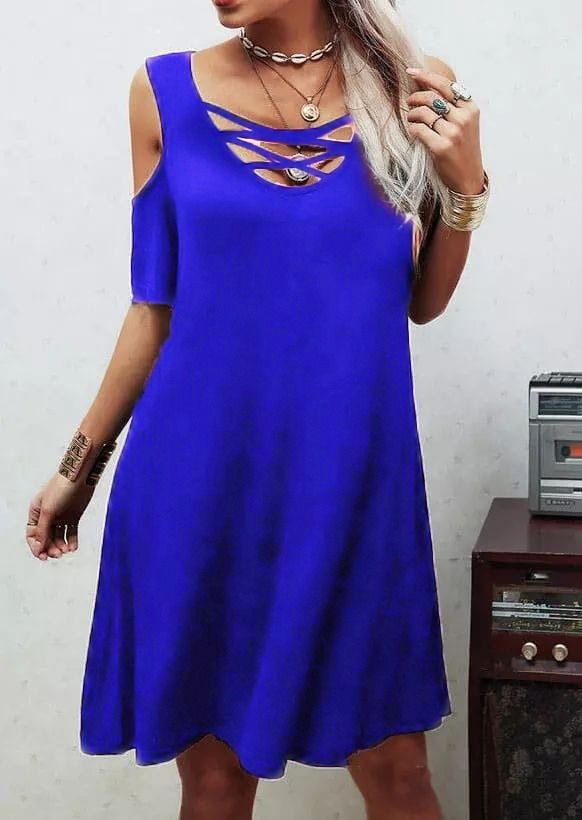 Navy Blue A-Line Dress With V-Neck And Half Sleeves
