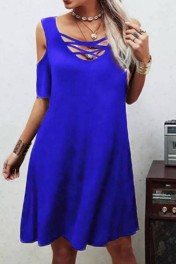 Navy Blue A-Line Dress With V-Neck And Half Sleeves