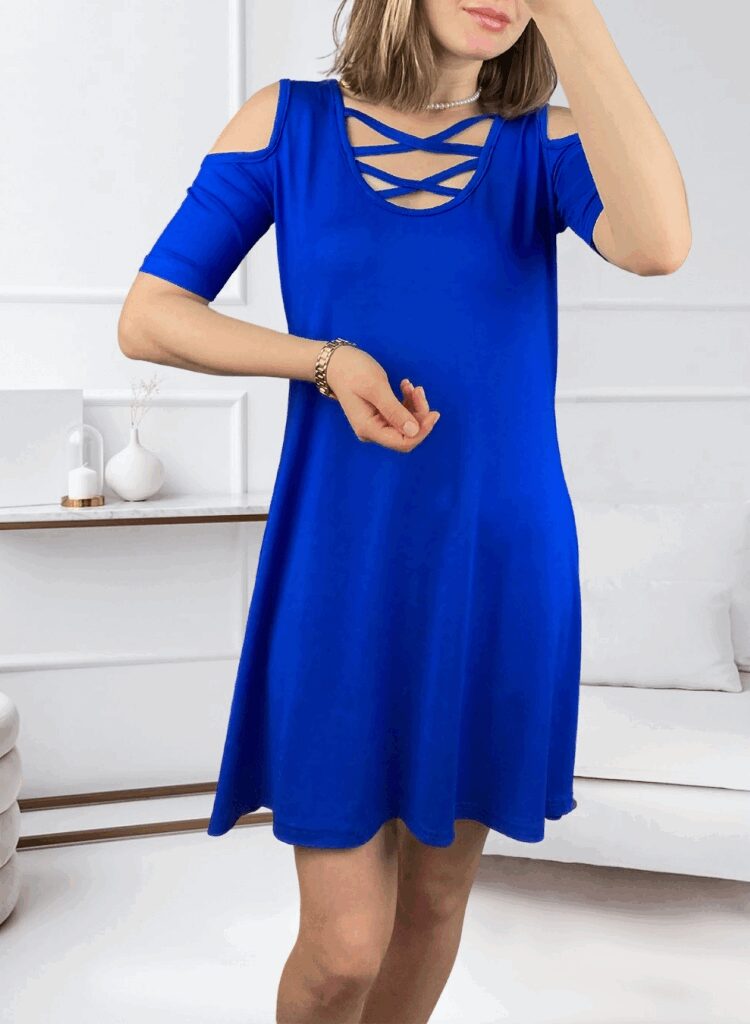 Navy Blue A-Line Dress With V-Neck And Half Sleeves