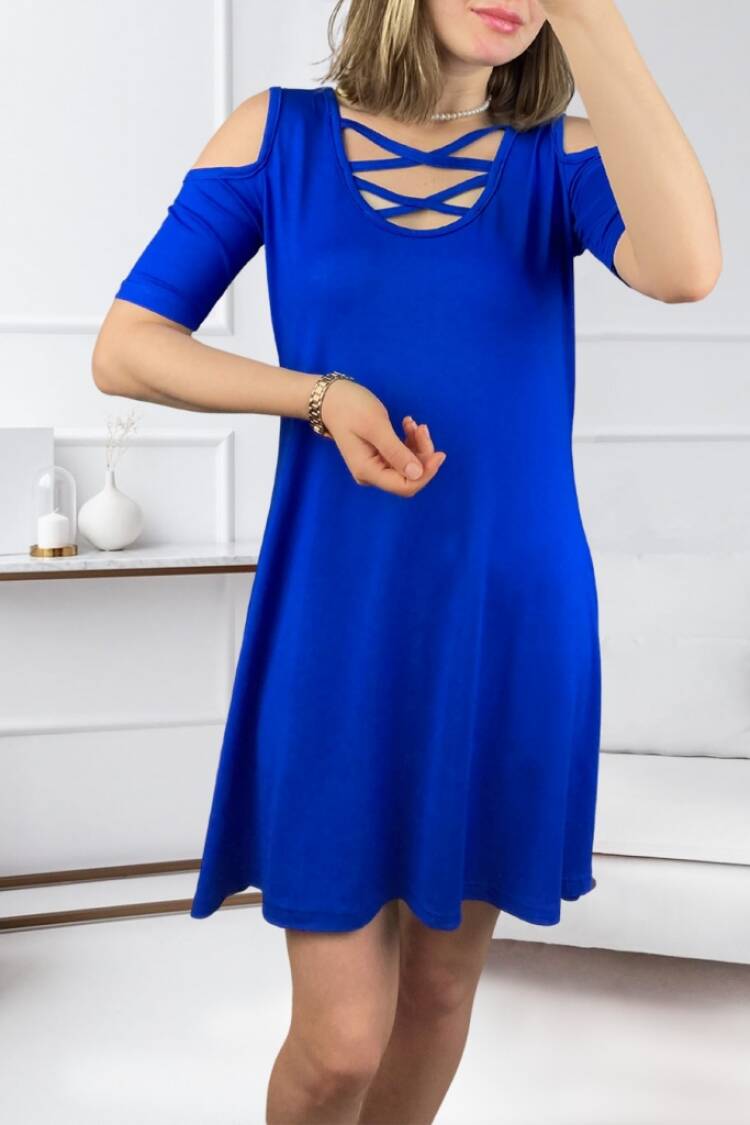 Navy Blue A-Line Dress With V-Neck And Half Sleeves