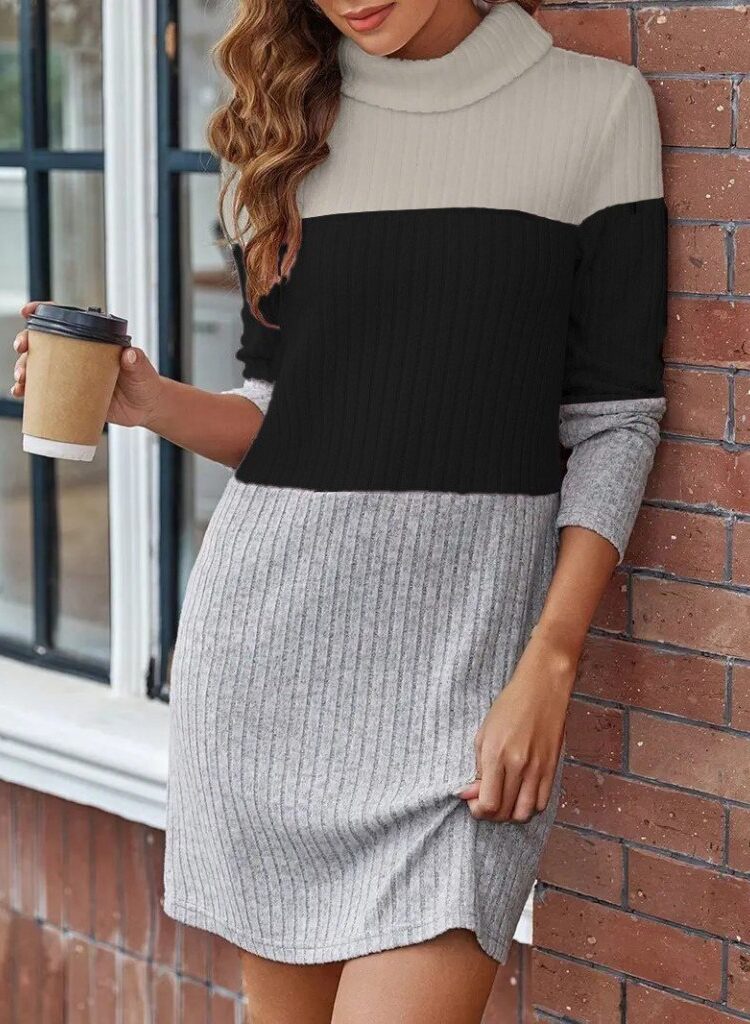 Black Mini Sweater Dress With Turtle Neck