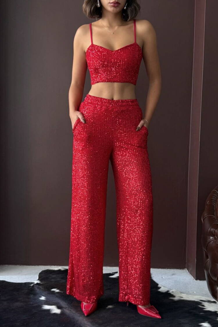 Sequined Palazzo Pants High Waist Wide Leg