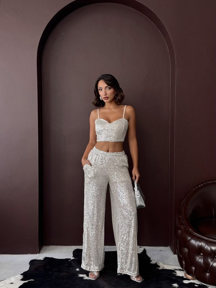 Silver Glam Elegant Palazzo Pants