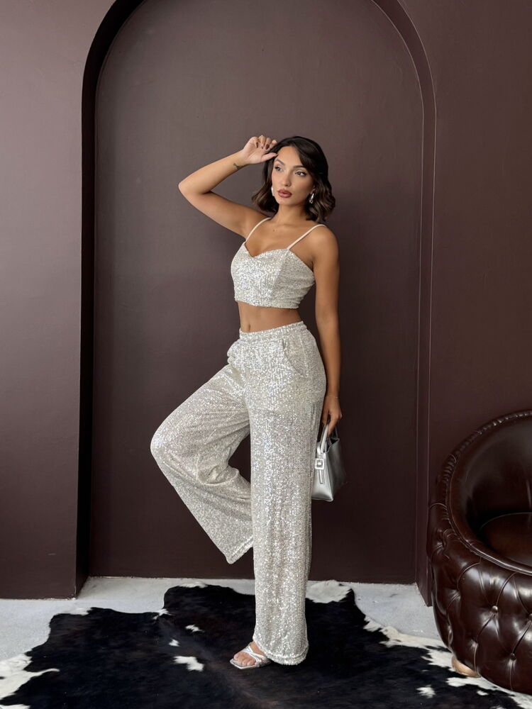 Silver Glam Elegant Palazzo Pants