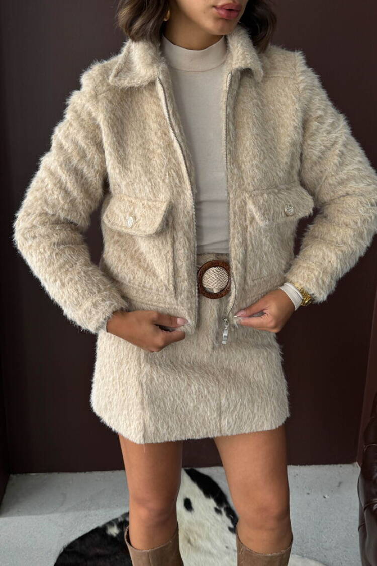 Beige Shacket Jacket Slim Fit With Zip Up