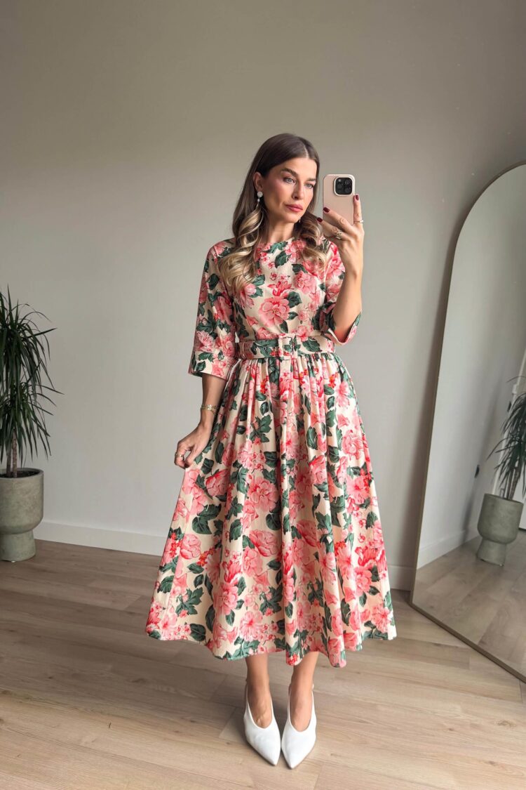 Elegant Pink A-Line Midi Dress With Floral Pattern - Brand: Cream Rouge - Women & Kids, Baby Clothes Wholesale - Globality Store