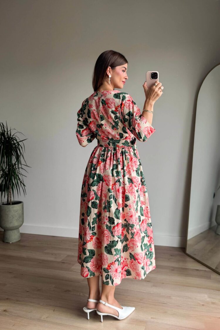 Elegant Pink A-Line Midi Dress With Floral Pattern