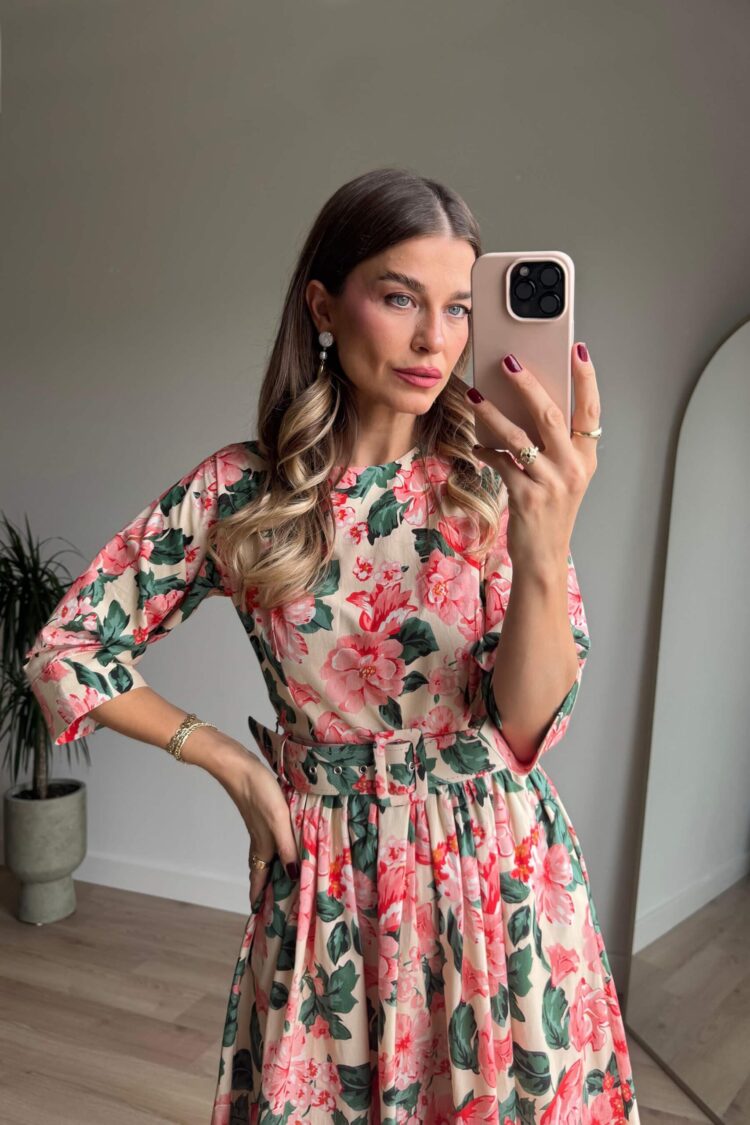 Elegant Pink A-Line Midi Dress With Floral Pattern