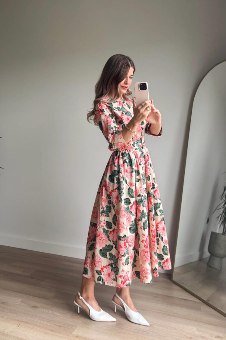 Elegant Pink A-Line Midi Dress With Floral Pattern